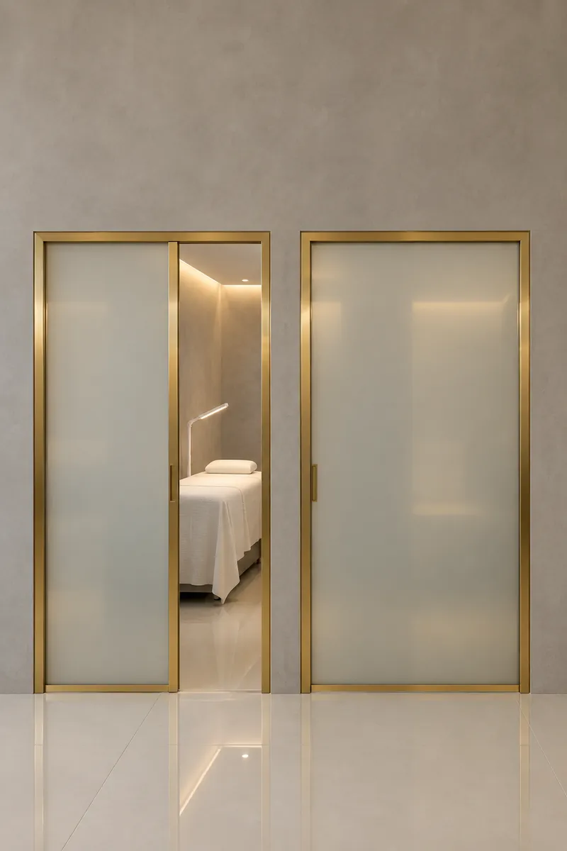 Cabinas con puertas de vidrio esmerilado y marco dorado