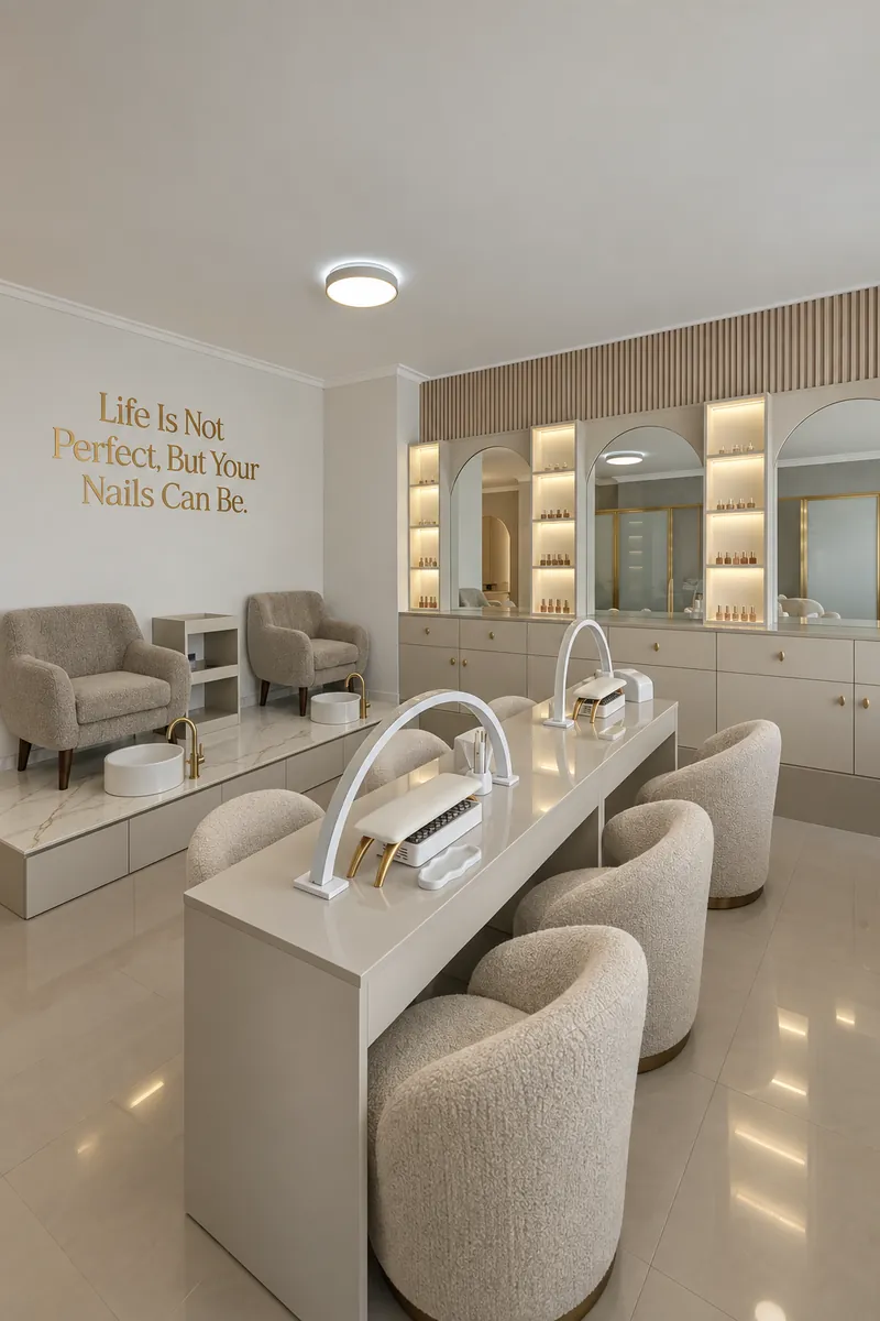 El estudio Alba en Chacarilla: sillones de pedicura, mesas de manicure y la frase dorada en la pared